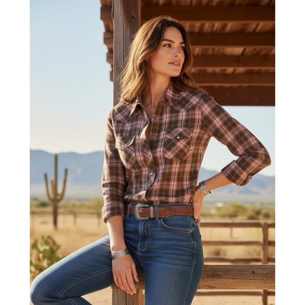 Roper Medium Brown Pink Plaid Pearl Snap Button Up Long Sleeve Shirt Western